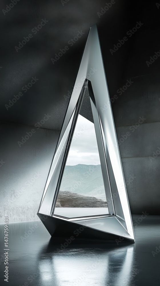 Poster abstract triangular structure reflecting mountain landscape in modern interior low angle view