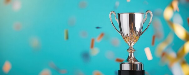 Silver trophy amidst celebratory confetti