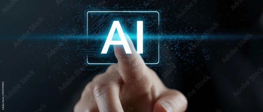 Aufkleber finger pressing glowing ai button on futuristic interface, concept of artificial intelligence, machi