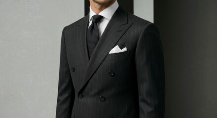 Formal black pinstripe suit, tailored fit, double breasted