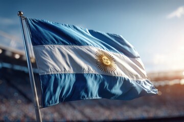 Waving Argentine flag against stadium backdrop, showcasing national pride, patriotism, and celebration in sports event on a sunny day with clear blue sky.