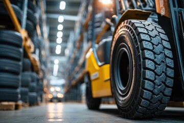 Close up of a forklift truck wheel in a modern warehouse environment, showcasing tire tread, machinery, and storage racks filled with stacked tires.