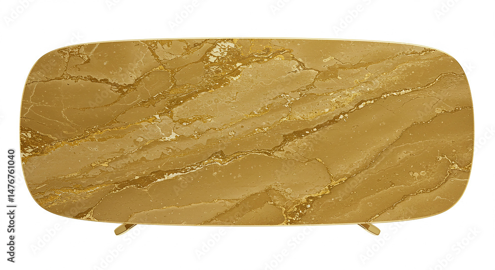 Poster rectangular coffee table with rounded corners features a light brown marble pattern with gold accent