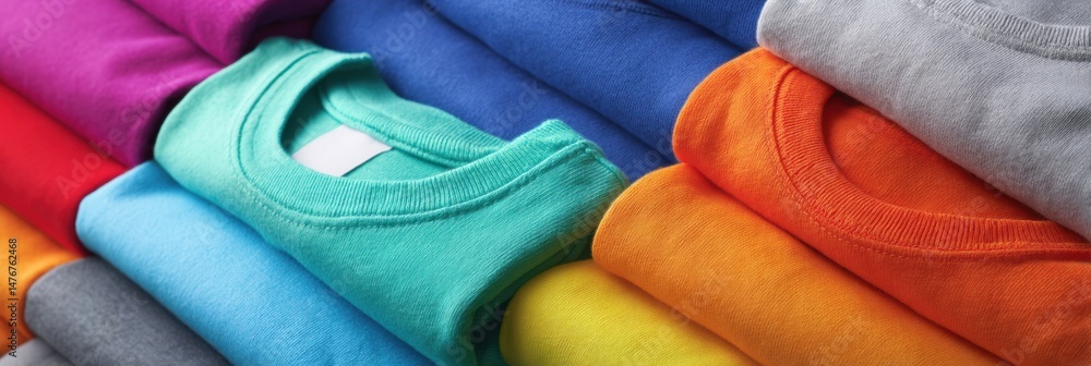 Poster folded vibrant sweat-resistant t-shirts displayed in an organized manner showcasing bright colors an