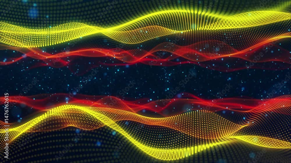 Poster stunning surface composed of neon glow particles that form waves of light. captivating seamless loop
