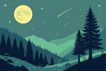 Fototapeta premium 126 night sky, mountain landscape, forest, moon, stars, fireflies, digital art, vibrant colors, fantasy, cinematic, landscape illustration