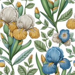 Vibrant Gold Blue White Iris Flower Seamless Pattern