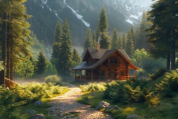 Fototapeta premium Tranquil forest log cabin surrounded by moss rocks peaceful nature pathway high resolution image