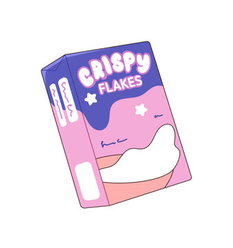 Closed packaging of crispy flakes for breakfast. Cardboard box of cornflakes, cereals, muesli with grains. Granola, healthy snack, fast food. Flat isolated vector illustration on white background