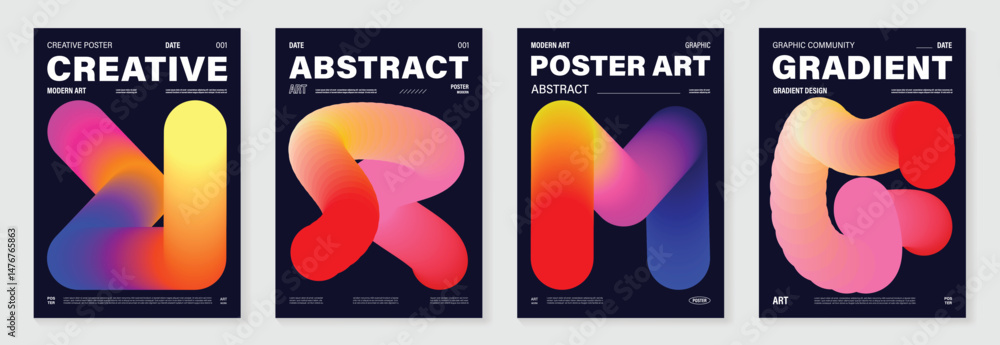 Poster abstract line wave poster background vector set. cover template with vibrant perspective dot halfton