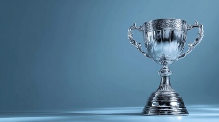 Elegant trophy cup presented on a serene blue backdrop, symbolizing achievement, recognition, and the pinnacle of success. Reflects light beautifully.