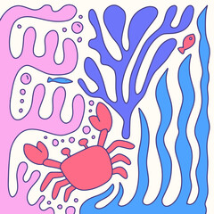 Square composition of Sea bottom with creature animals fish and plants. Underwater marine flat groovy cartoon graphic design illustration