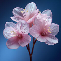 Close-Up of Pink Flowers with Yellow Stamens on Blue Background – Delicate Petals, Soft Gradient, and Harmonious Composition