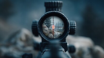 Naklejka premium A first-person view through a rifle scope, focusing on a distant, natural landscape with a prominent crosshair and a red dot sight indicating the point of aim.