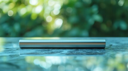 Sleek metallic vaping device resting on marble surface, minimalist design with copy space, modern smoking alternative and electronic cigarette concept.
