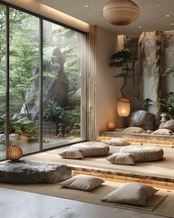 Zen inspired meditation room with bamboo decor and cushions high resolution image