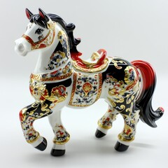 Ornate porcelain horse figurine, white body with black, red, and gold decorative details.  Intricate patterns and designs adorn the horse's harness and legs