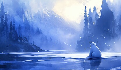 Polar bear sits on ice floe, serene winter landscape.  Misty, snowy mountains and pines frame tranquil scene