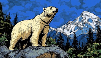 Majestic polar bear atop a rocky mountain peak, overlooking a snowy landscape and evergreen forest.  A serene and powerful image of wildlife in a natural setting