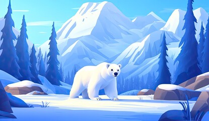 Polar bear in snowy mountain landscape.  A large white bear strolls across a snow-covered valley, surrounded by towering snowy mountains and evergreen trees. Soft light bathes the scene