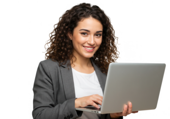 Woman with laptop smiling isolated on transparent background