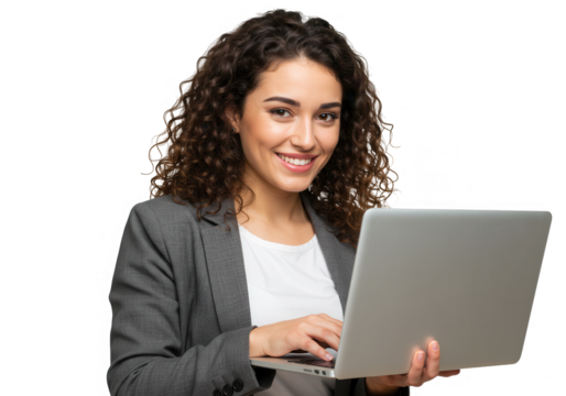 Woman with laptop smiling isolated on transparent background