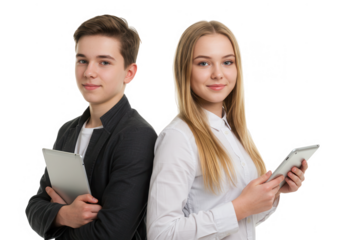 Students with tablets back to back isolated on transparent background
