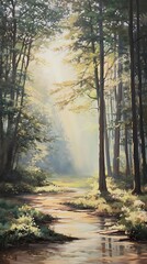 Obraz premium Sunlit forest path through trees nature landscape scenery artwork