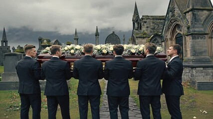 Men carrying a coffin in the cemetery.