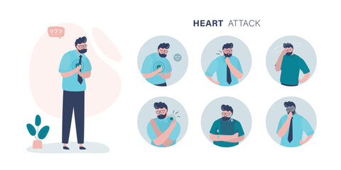 Male character with heart attack symptoms. Dyspnea, panic attack, chest pain, excessive sweating. Infographic banner of heart attack symptoms and risk factors.