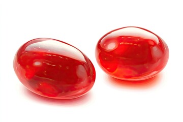 Two vibrant red oval capsules, glossy and smooth, isolated on white background.  A close-up view displays the translucent quality of the capsules