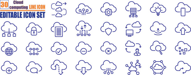 Fototapeta premium Set of line icons related to cloud computing, Pixel perfect. Editable stroke. The set contains icons: Cloud Computing, Data Analyzing, Data Center, Internet of Things.