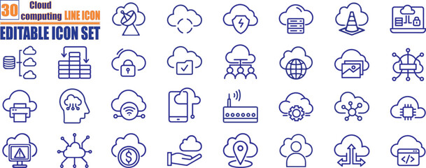 Set of line icons related to cloud computing, Pixel perfect. Editable stroke. The set contains icons: Cloud Computing, Data Analyzing, Data Center, Internet of Things.