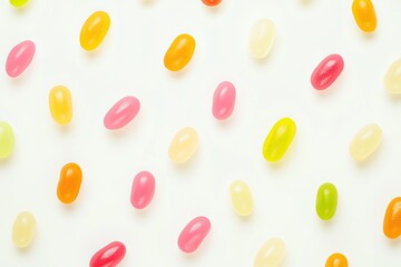 Colorful jelly beans scattered on white background.  Oval-shaped candies in vibrant hues of red, orange, yellow, green, and pink