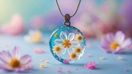 Handmade floral resin pendant on chain. White flowers inside blue epoxy. Close up shot on light blue background.