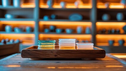 Colorful Glass Stacks on Wood Tray. Stacks placed on a wooden table in front of an illuminated display cabinet