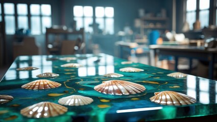 Sea Shells Embedded within Resin Table in Workshop. blue background with white seashells placed evenly across surface