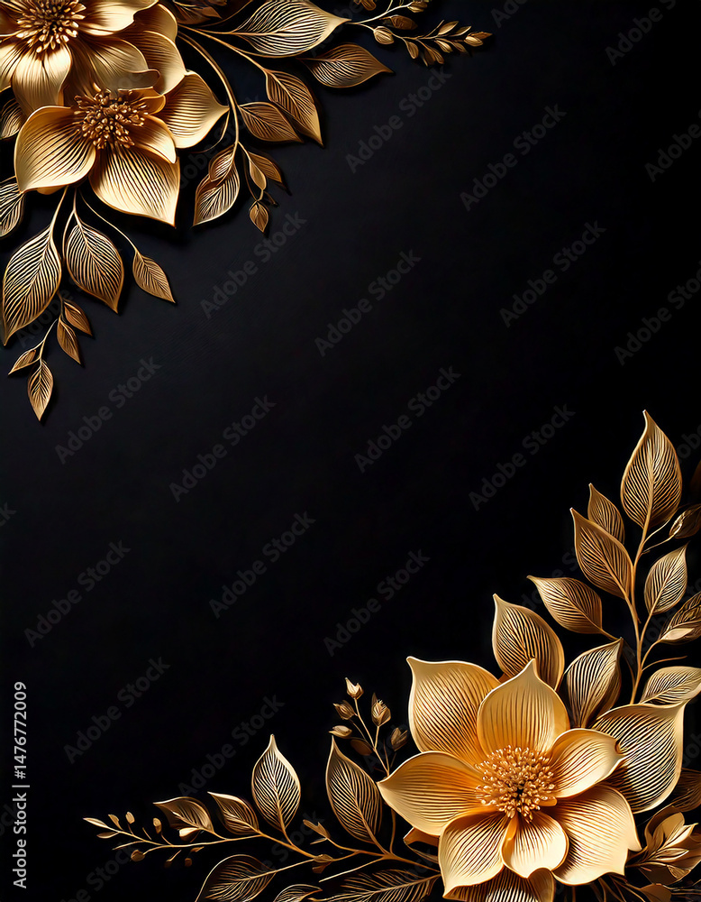 Poster elegant design with golden flower and leaf ornamentation on a black backdrop, perfect for adding a t