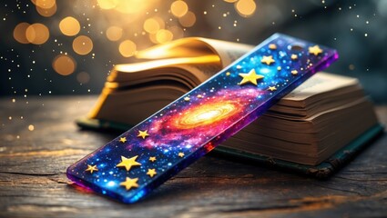 galaxy bookmark resting open book. bookmark features cosmic design. stars and bokeh lights add magic