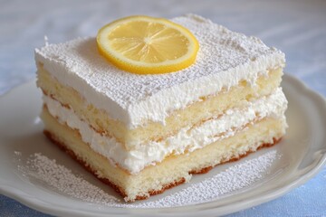 Layered Lemon Cake with Whipped Cream and Lemon Slice
