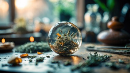 Dried Herbs inside Crystal Ball. Magic concept, blurred background.