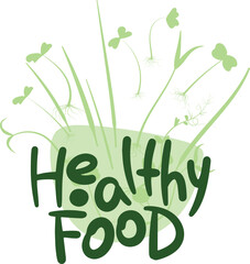 Stylized inscription Healthy Food, surrounded by sprouts of microgreens, on an abstract light green background. Concept of healthy eating and freshness.