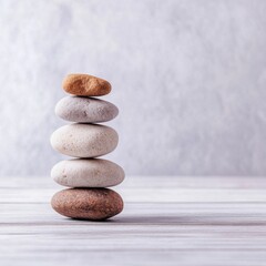Stacked stones on wooden surface in studio shot zen balance concept meditation harmony wellness simplicity peacefulness wellbeing