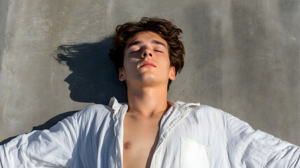 Young man lies relaxed on a concrete surface under bright sunlight, showcasing tranquility and peace in an urban environment