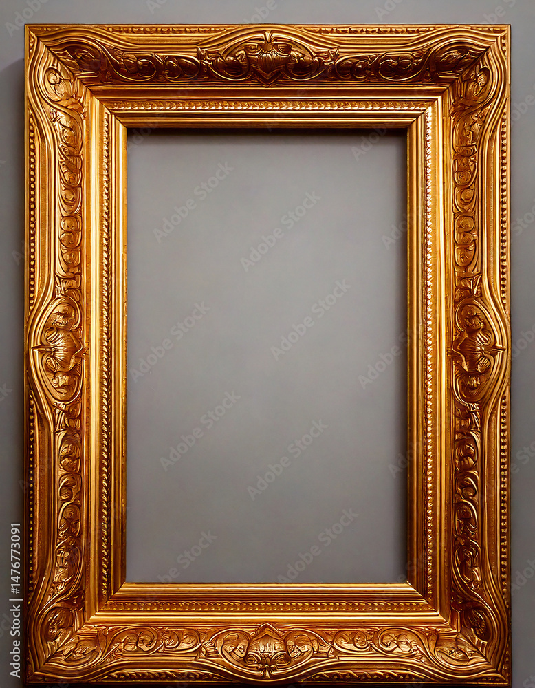 Poster ornate gold colored picture frame with classic design and blank space for customization, ideal for d