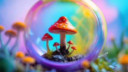 Mushroom Family Inside Glass Ball. Red capped mushrooms with white spots