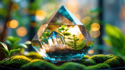 Crystal pyramid terrarium with plants and moss. Decoration concept.