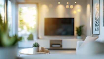 Modern living room with warm lighting and outdoor view.  Soft, neutral colors, a flat screen TV, and a small round coffee table.  Natural light streams in