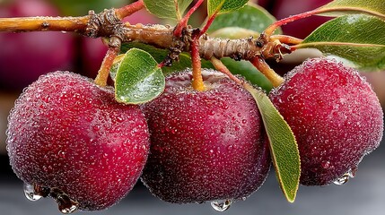 Close up of fruit and leaves on a branch with drops of water.