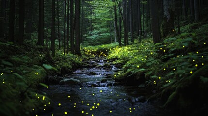 Obraz premium Magical Firefly Lit Forest Stream at Night